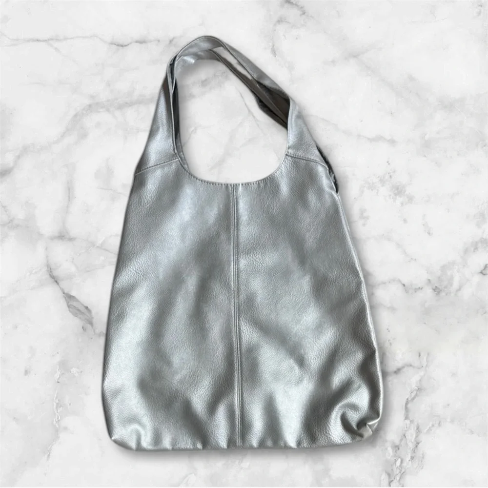 Silver faux Leather Tote Bag shoulder sack purse